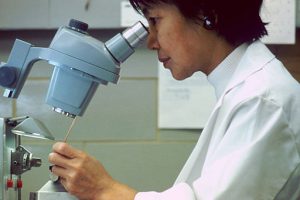 Female scientist looking through microscope